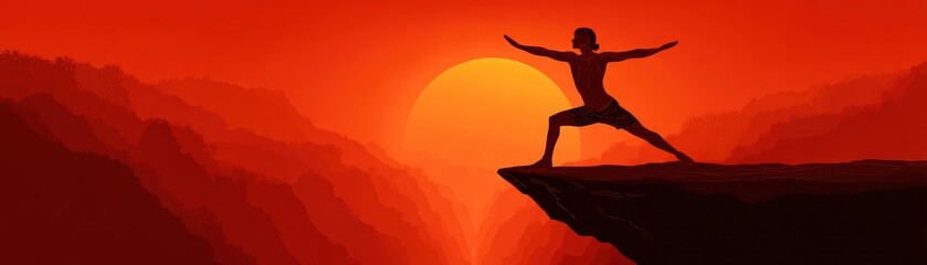 Vibrant sunset backdrop with silhouette of person practicing yoga on rocky ledge in warm orange and red tones, peaceful outdoor scenery