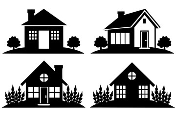 set of house with garden silhouette illustration