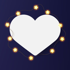 Heart shape picture frame. White card with wreath of shiny star light bulbs. Love message, birthday congrats, soft beige festive luxury bg. Realistic photo mockup, decorated with Christmas garland