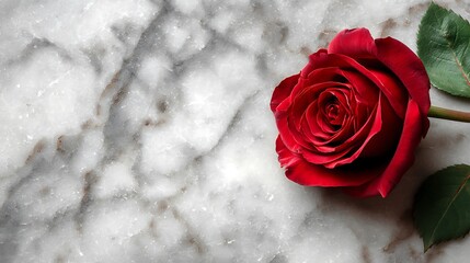 Single red rose on smooth white marble with soft shadow, 70% blank space ideal for romantic posters, Valentine’s banners, love-themed advertising, and elegant floral decoration concepts.