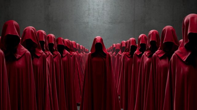 Group of hooded figures dressed in red cloaks standing in formation inside dark hall symbolizing secret society and ritual gathering