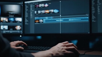 Professional video editor working on post production with multi screen setup, creating compelling visuals for creative projects and digital marketing campaigns
