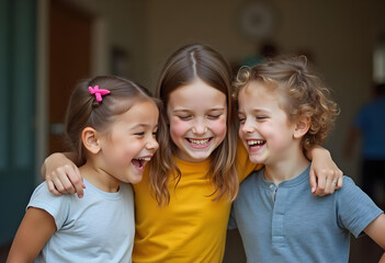 Illustration of a group of elementary school children, friends, smiling, having fun, and showing their love for each other.