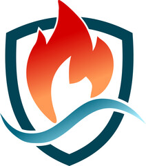 Obraz premium Shield logo with fire flame and water wave in gradient design