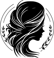 Logo of an elegant silhouette of a woman with long hair surrounded by a circle and branches with leaves