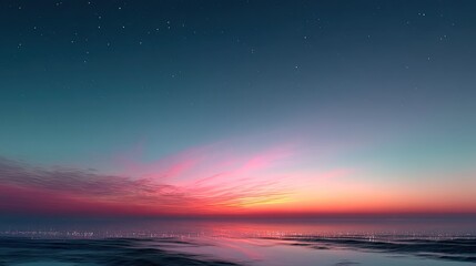 Fototapeta premium Vibrant Gradient Sky Blending Deep Orange Hues and Light Blue with a Starry Night Above Reflected in Water