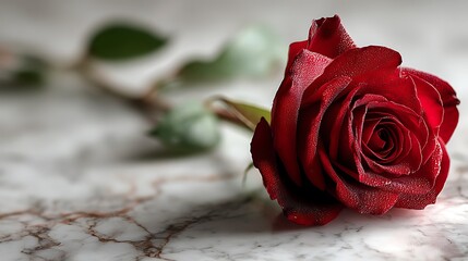 Elegant single red rose on white marble with soft shadow and 70% blank background, perfect for romantic posters, Valentine’s promotions, love-themed designs, and floral marketing visuals.