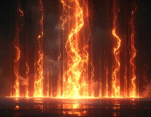 Abstract fiery vertical columns on a reflective floor