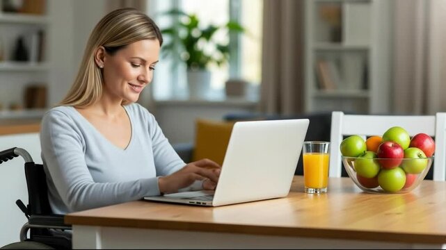 A woman in a wheelchair working on a laptop at a table with a bowl of fruit and a glass of juice