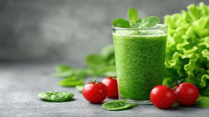Fototapeta premium Vibrant Green Smoothie in Glass with Fresh Vegetables and Tomatoes on Textured Gray Surface