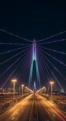 Dazzling illuminated suspension bridge at night with vibrant purple lights and city skyline backdrop captivating urban travel