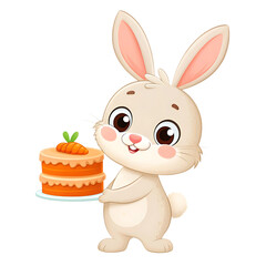 Adorable cartoon rabbit holding a delicious carrot cake sweet treat fun character