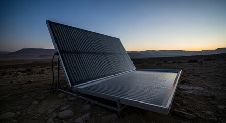 Photo of sustainability a large, open solar panel array with water droplets on its surface, set up in a dry, arid landscape at dusk with mountains in the distance