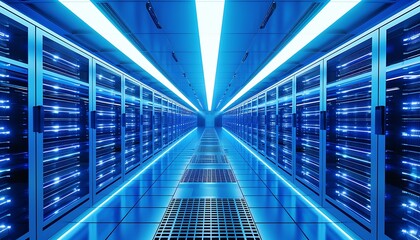 A server room with rows of computers and bright blue lighting, creating a futuristic and technological atmosphere.
