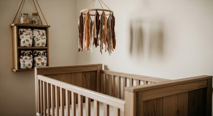 Photo of sustainability a cozy nursery room with a wooden crib, a wallmounted shelf holding diapers, and a handmade mobile hanging from the ceiling
