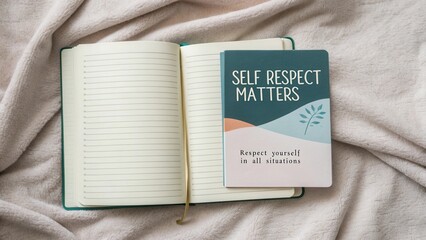 Open notebook with Self Respect Matters journal on soft fabric