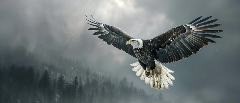Majestic bald eagle soars through the winter sky over misty forest wilderness