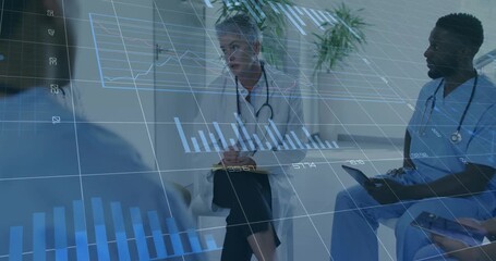 Senior doctor noting after 3D data overlays appearing around medical team for analyzing metrics - Powered by Adobe