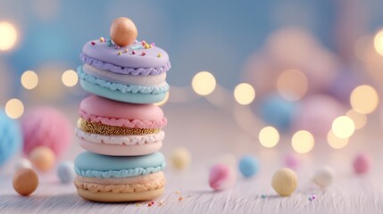 Colorful macarons stacked on wooden surface