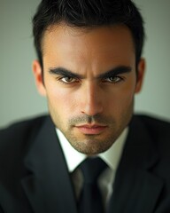 Confident Young Man with Intense Gaze in Formal Suit, Capturing Determination and Professionalism in a Studio Setting