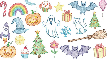 Fototapeta premium Vector art of mixed holiday and celebration doodle collection with pumpkins, ghosts, and christmas elements