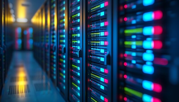 Rows of server racks with blinking lights in a data center, showcasing technology and information infrastructure.