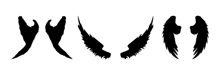 A Vector set of linear heraldic Icarus wings. Collection of black angel or bird wings with feathers alignment. Design element for tattoo, logo or mascot. Birds Wings for background vector for logo.