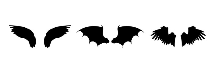 Wings of birds vector icon set. Wing flat black icons.Set of silhouette eagle wings. Illustration art of angel wings set. Wings set for t-shirt elements, coloring page vector.