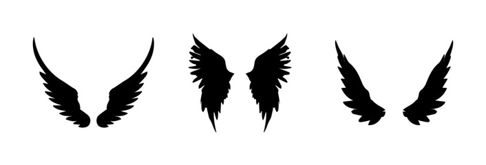 Wings of birds vector icon set. Wing flat black icons.Set of silhouette eagle wings. Illustration art of angel wings set. Wings set for t-shirt elements, coloring page vector.