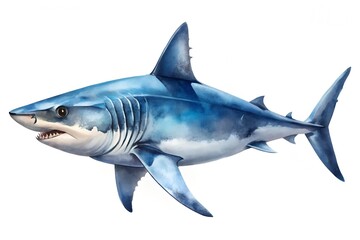 Obraz premium Watercolor illustration of a mako shark swimming gracefully, isolated on white background a captivating marine predator