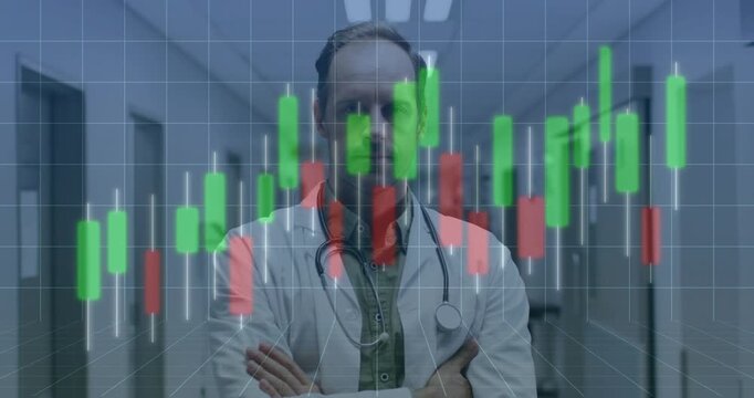 Physician in hospital corridor with overlay emerging and bars shifting over it showing health data