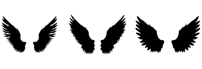 A Vector set of passion linear heraldic Icarus wings. Set of black angel or bird wings with feathers alignment. Design element for tattoo, logo or mascot. Birds Wings for background vector for logo.