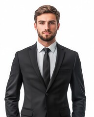 Confident Young Man in Black Suit Posing with Professional Attitude Against White Background