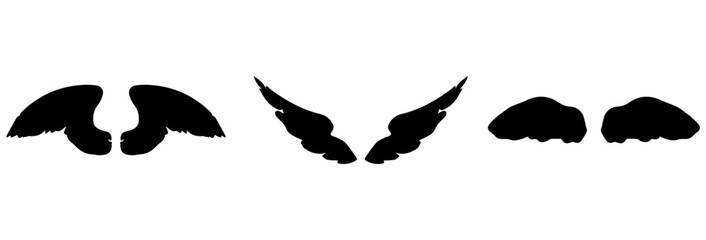 A Vector set of passion linear heraldic Icarus wings. Set of black angel or bird wings with feathers alignment. Design element for tattoo, logo or mascot. Birds Wings for background vector for logo.