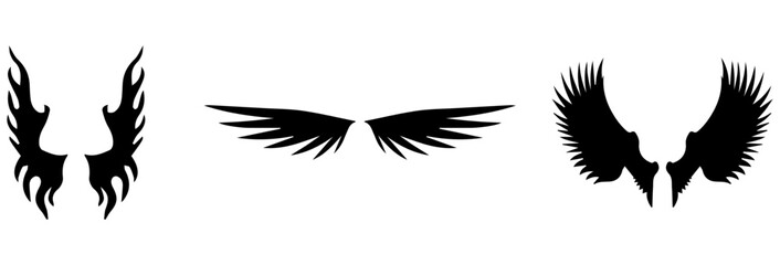 Obraz premium A Vector set of linear heraldic Icarus wings. Collection of black angel or bird wings with feathers alignment. Design element for tattoo, logo or mascot. Birds Wings for background vector for logo.