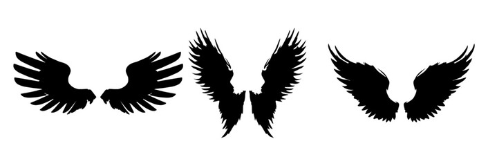 A Vector set of passion linear heraldic Icarus wings. Set of black angel or bird wings with feathers alignment. Design element for tattoo, logo or mascot. Birds Wings for background vector for logo.