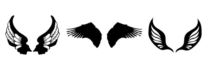 A Vector set of passion linear heraldic Icarus wings. Set of black angel or bird wings with feathers alignment. Design element for tattoo, logo or mascot. Birds Wings for background vector for logo.