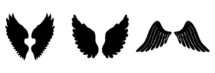 A Vector set of passion linear heraldic Icarus wings. Set of black angel or bird wings with feathers alignment. Design element for tattoo, logo or mascot. Birds Wings for background vector for logo.