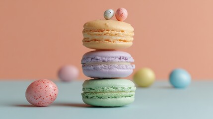 Colorful macarons stacked with easter eggs