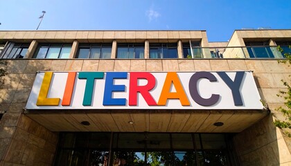 Obraz premium Illuminating the Importance of Literacy with a Vibrant, Colorful Signage on an Outdoor Building Facade