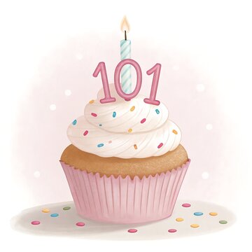 Watercolor-style 101st birthday cupcake with pink numbers, vanilla frosting, sprinkles and soft pastel artistic rendering.