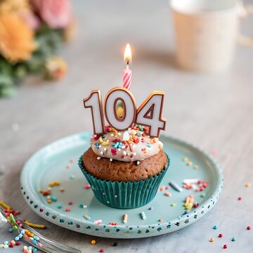 Chocolate 104th birthday cupcake with bronze number candles, colorful frosting decorations on mint green plate.