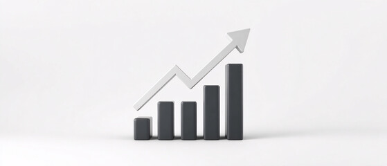 3D Bar Chart with Upward Arrow Showing Business Growth, Financial Success, Statistics and Positive Progress Concept on White Background
