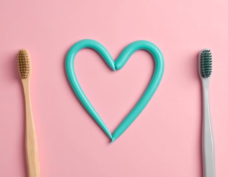 Toothpaste heart shape between two toothbrushes on pink background