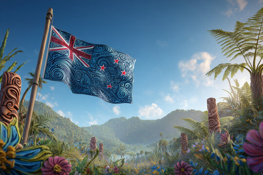 Fiji flag waves proudly in lush tropical landscape with mountains and tiki statues