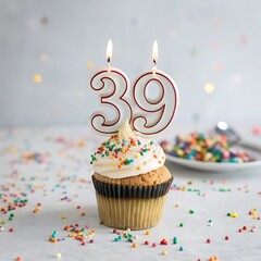 Vanilla cupcake with rainbow sprinkles, number 39 candles, colorful background lights creating festive party atmosphere., There is one me who says to you, happy Birthday.