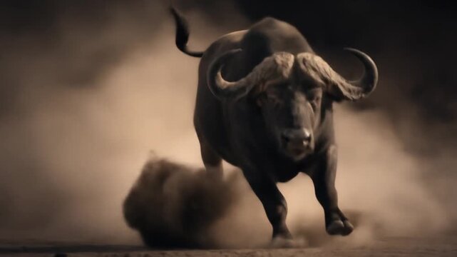 A powerful African buffalo charges towards the viewer, dust billowing around its hooves and horns