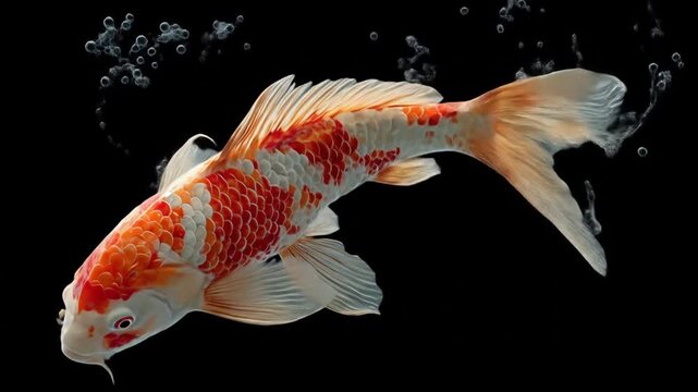 A vibrant koi fish swims with bubbles on a black background, showcasing its orange, white, and red patterns