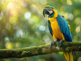 A vibrant blue-and-yellow macaw perched on a mossy branch in a sun-drenched rainforest setting