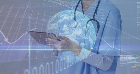 Mid adult female medical professional tapping tablet screen and tracking global health data streams - Powered by Adobe